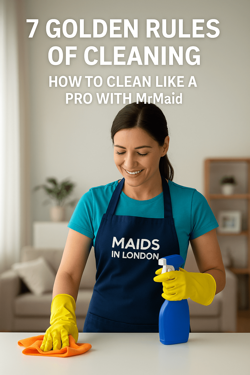 Professional cleaner wearing Maids in London apron follows the golden rules of home cleaning